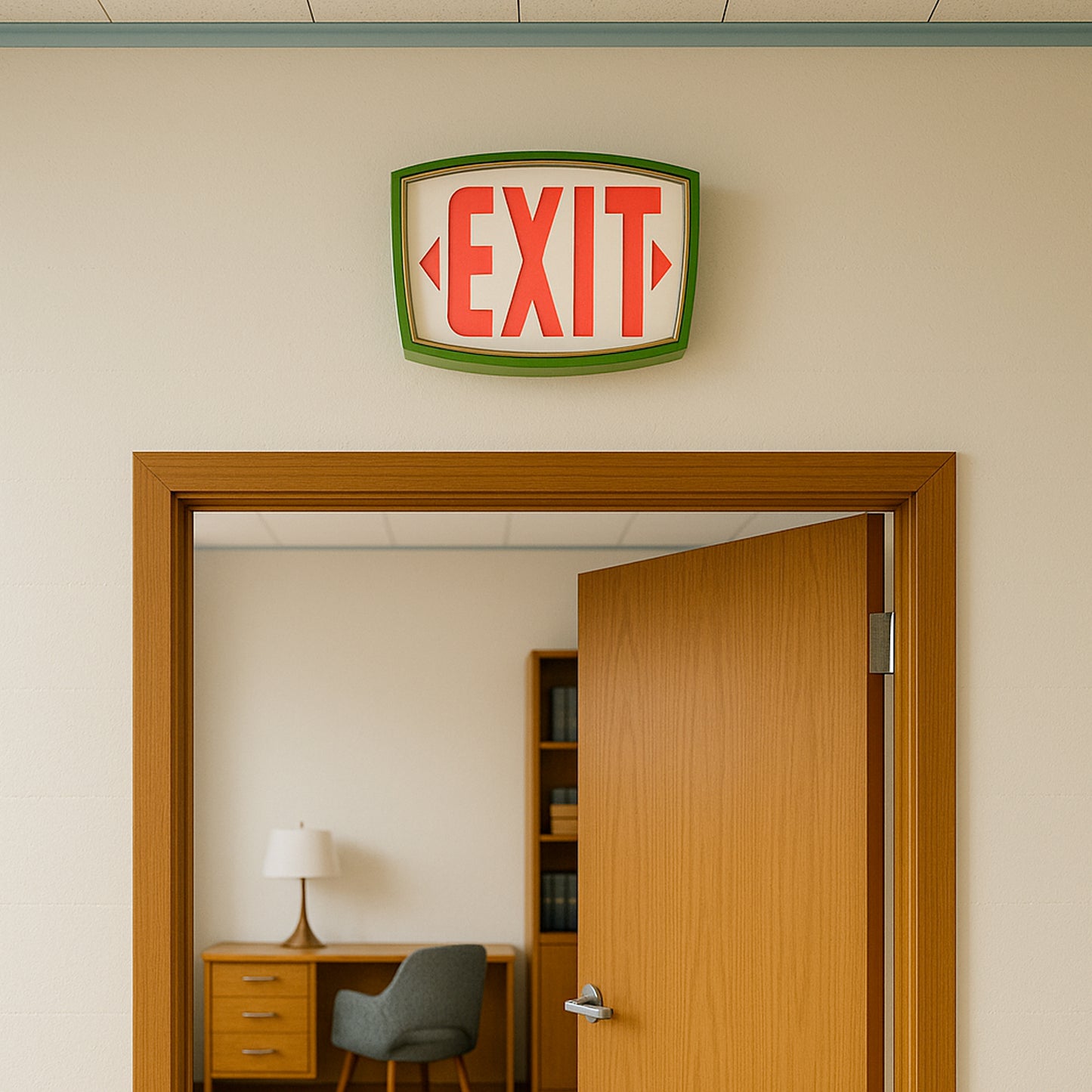 Discover the timeless charm of this mid-century modern lobby featuring a vintage-inspired green EXIT sign. Warm wood tones, retro furnishings, and teal paneling create a stylish, nostalgic atmosphere perfect for design enthusiasts.