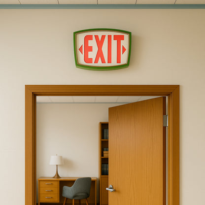 Discover the timeless charm of this mid-century modern lobby featuring a vintage-inspired green EXIT sign. Warm wood tones, retro furnishings, and teal paneling create a stylish, nostalgic atmosphere perfect for design enthusiasts.