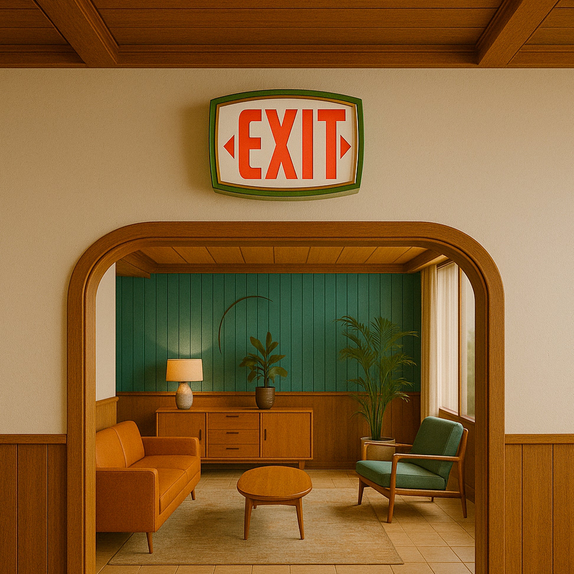 Vintage-style interior with 'EXIT' sign above a wooden archway.