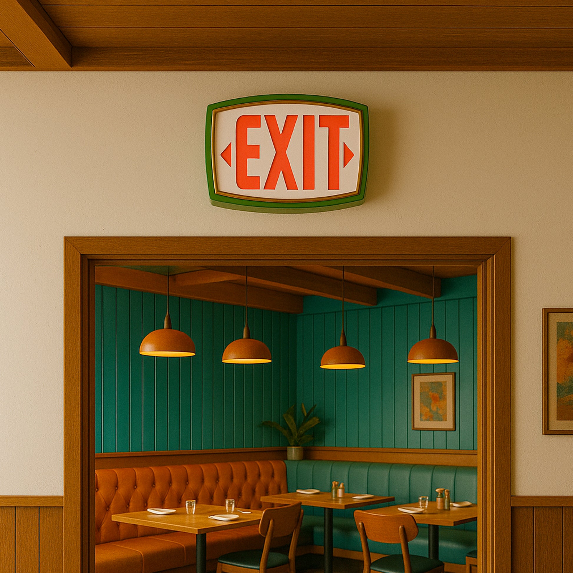 Restaurant interior with a vintage mid-century modern exit sign above a booth area.