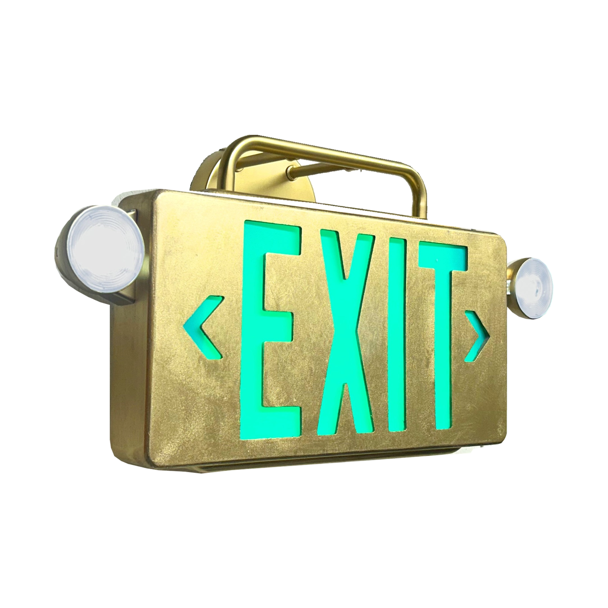 Emergency lights | 59704098226462 | Double Stanley Exit Sign | Gold / Green / Wall Mount