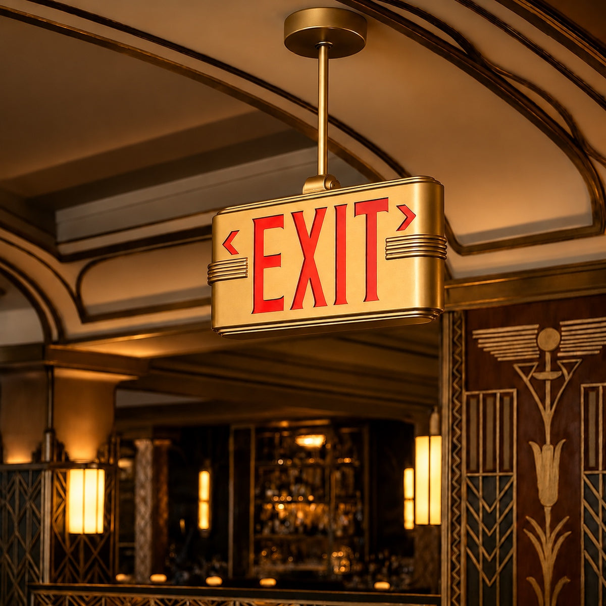 Hollywood Art Deco exit sign in a gold-toned Art Deco lobby