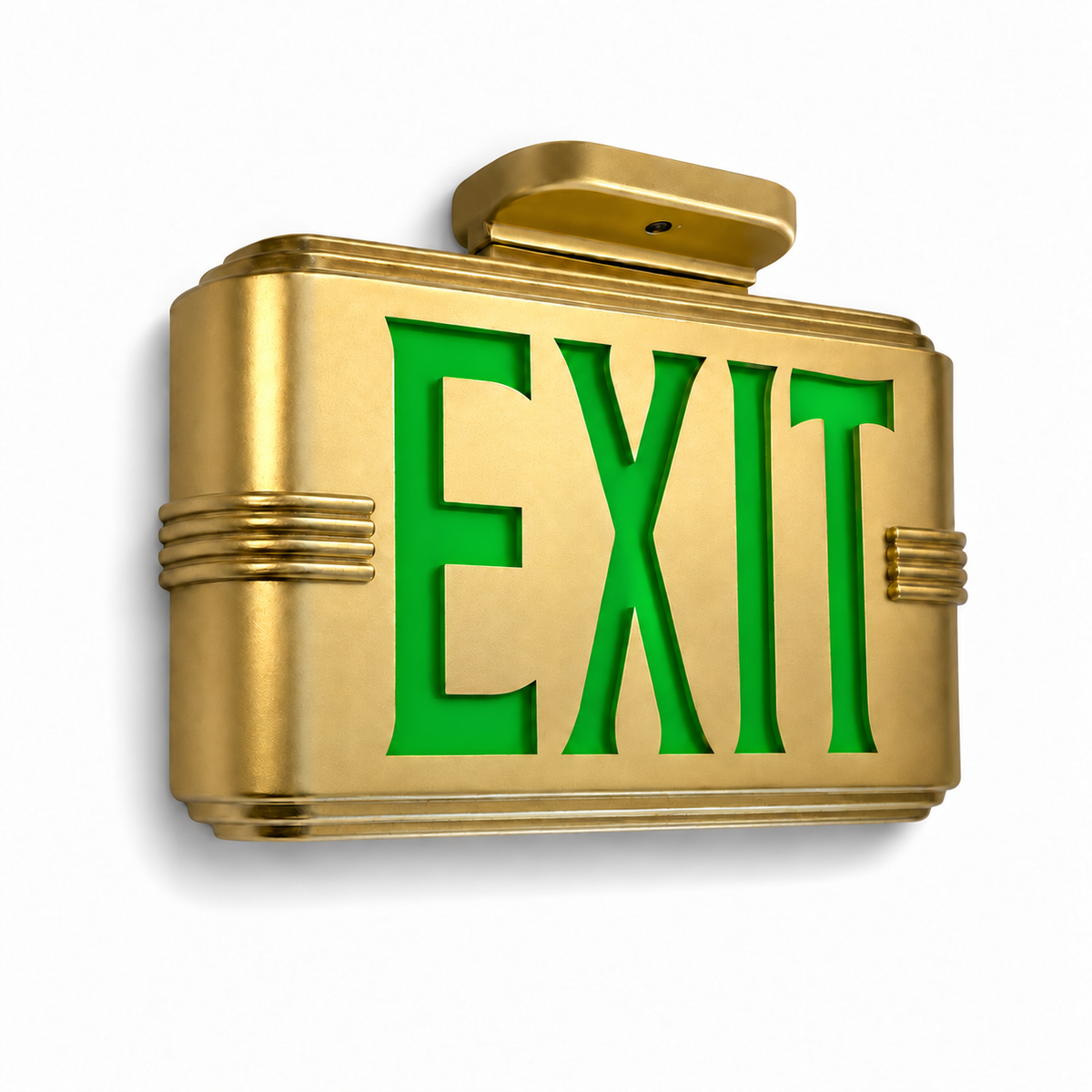 Hollywood Art Deco Exit Sign — Gold / Ceiling Mount / Green — isolated product view