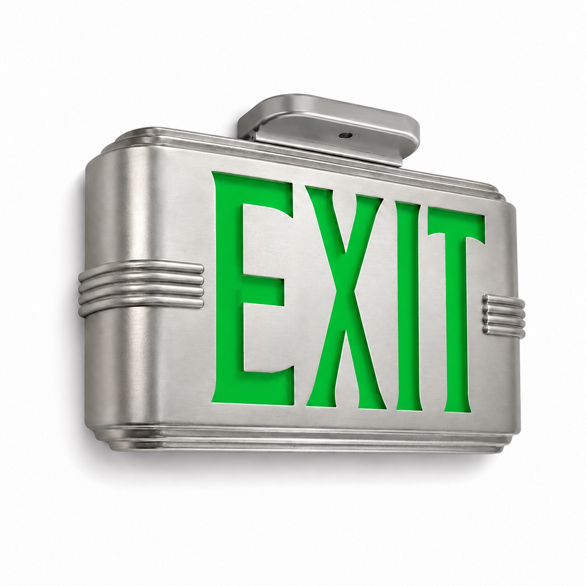 Hollywood Art Deco Exit Sign — Silver / Ceiling Mount / Green — isolated product view