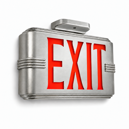 Hollywood Art Deco Exit Sign — Silver / Ceiling Mount / Red — isolated product view