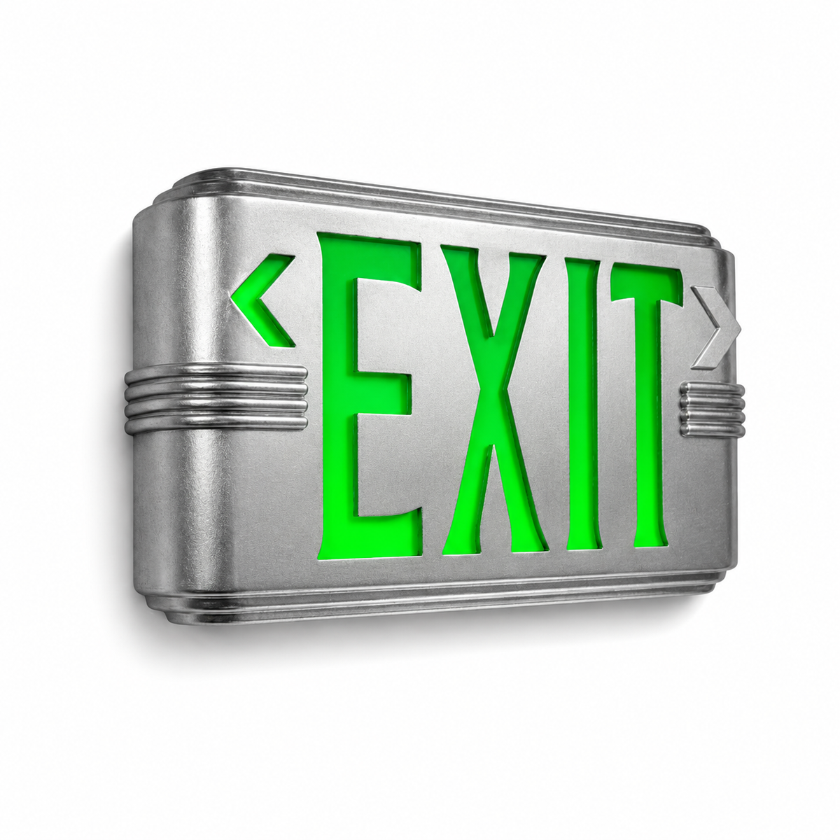 Hollywood Art Deco Exit Sign — Silver / Wall Mount / Green — isolated product view