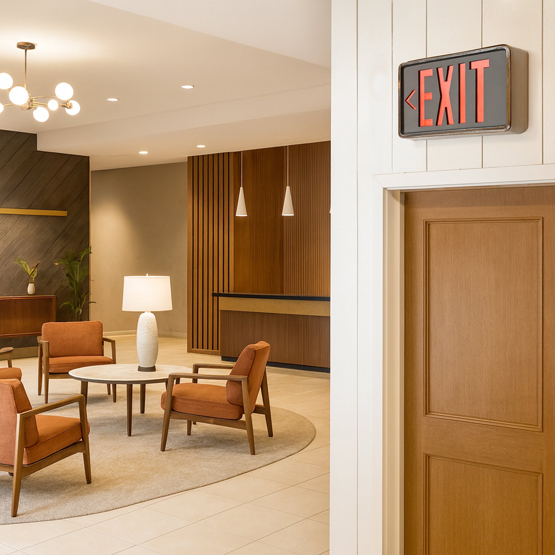 mid century Modern interior with wooden chairs, a table, and an exit sign.