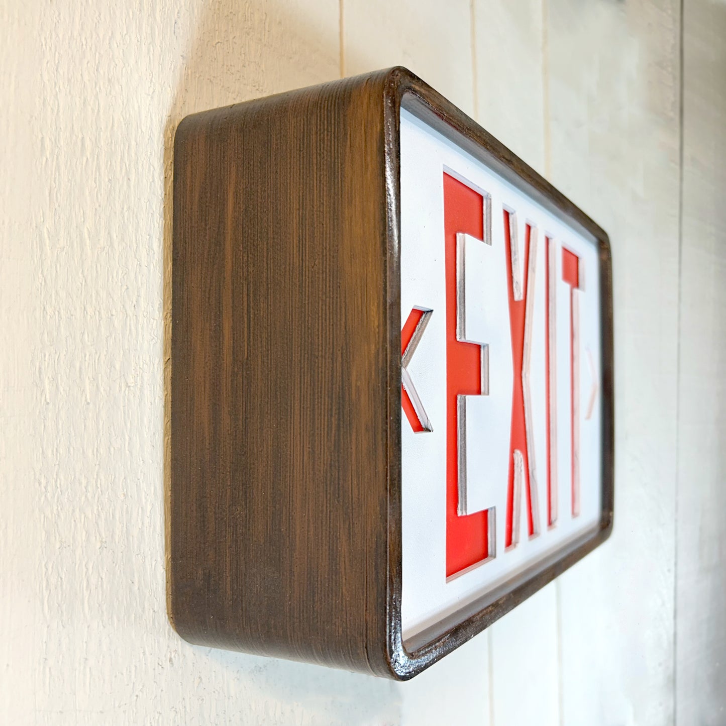 Eames inspired exit sign with bent wood frame