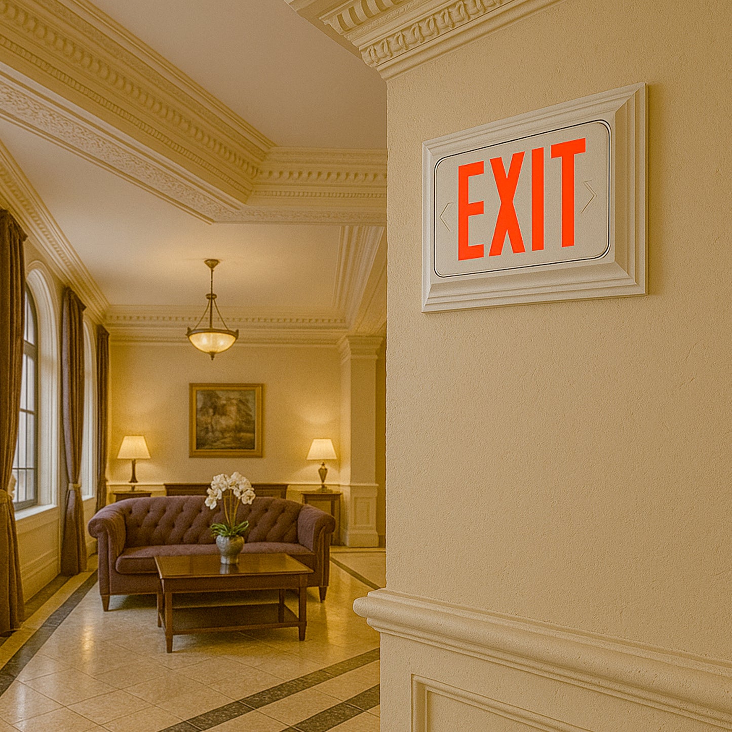 Modern Hotel Lobby with Illuminated Exit Sign – Contemporary Safety Design