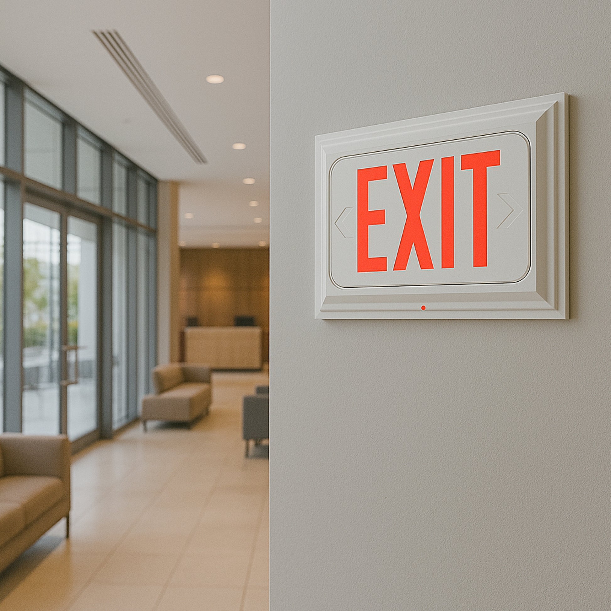 A sleek, modern hotel lobby featuring a bright red EXIT sign mounted on a minimalist wall. The space combines safety and style with clean lines, neutral tones, large glass windows, and refined contemporary décor. Perfect inspiration for commercial interior design and architectural lighting.